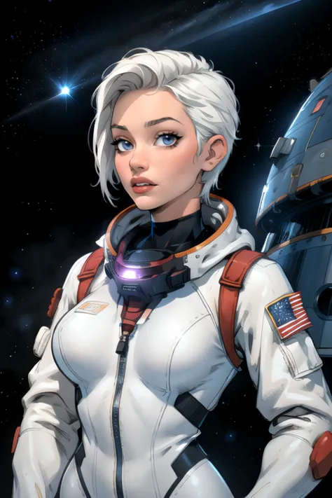 (masterpiece, best quality, sfw, portrait), 1girl, detailed eyes, short hairs, white hairs, undercut, space suit, huge breasts:1.5, stars, nebulas, space background, <lora:EnvyBeautyMix37:0.8>, <lora:Al_Rio_Style:0.8> Al Rio style, by Al Rio