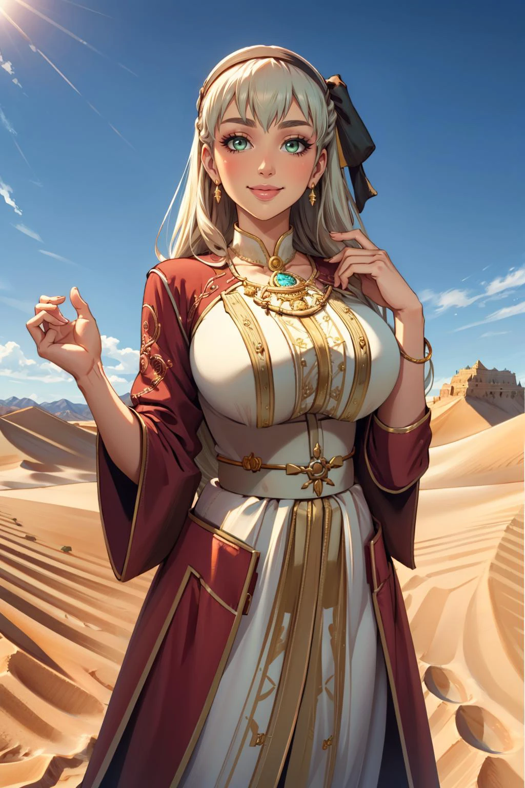 masterpiece, best quality, <lora:edgMoroccanCaftan:1.2> edgCaftan, robe, wearing edgCaftan <lora:elie-nvwls-v2-zero:0.8> elie macdowell, green eyes, hairband, hair ribbon, large breasts, smile, desert, blue sky