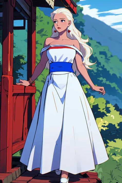 best quality, highly detailed, whole-body, <lora:HaruSWVisions_V1-Manityro-dadpt:.9> HAlt, long hair, earrings, red robe, strapless, white shirt, blue sash, white skirt, long skirt <lora:Ghibli_v6:0.8> scenery,