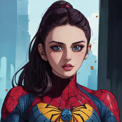 ((masterpiece,best quality,absurdres,beautiful,aesthetic,detailed,cell shading)), No-one20 a woman, woman wearing a spider woman outfit, 1girl, 2D