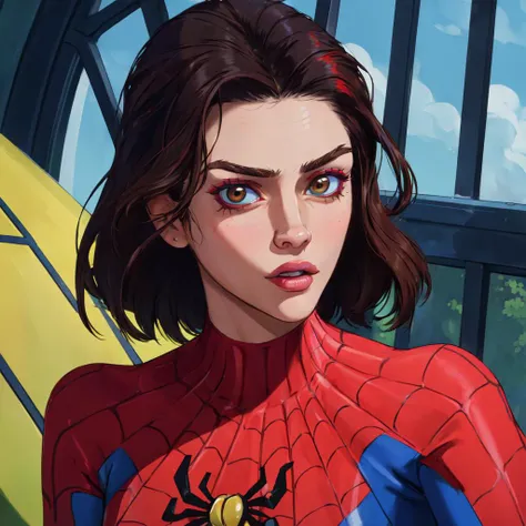 ((masterpiece,best quality,absurdres,beautiful,aesthetic,detailed,cell shading)), No-one10 a woman, woman wearing a spider woman outfit, 1girl, 2D