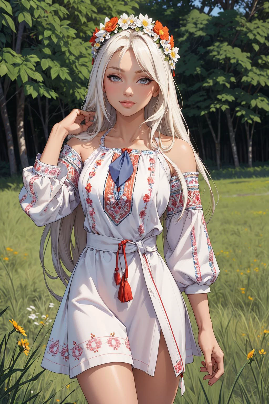 ((masterpiece,best quality,edgQuality)),(smile:0.8),
edgVyshivanka style embroidery, wearing edgVyshivanka, 1girl, solo, long hair, looking at viewer, blonde hair, hair ornament, dress, jewelry, standing, flower, white hair, outdoors, floral print, grass, head wreath,
<lora:edgVyshyvankaRediscovery:1>