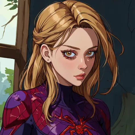 ((masterpiece,best quality,absurdres,beautiful,aesthetic,detailed,cell shading)), No-one19 a woman, woman wearing a spider woman outfit, 1girl, 2D