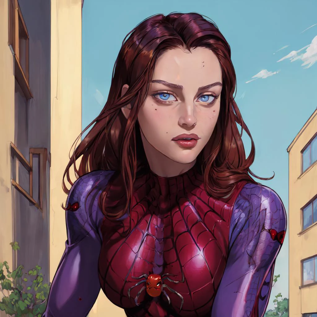 ((masterpiece,best quality,absurdres,beautiful,aesthetic,detailed,cell shading)), No-one22 a woman, woman wearing a spider woman outfit, 1girl, 2D