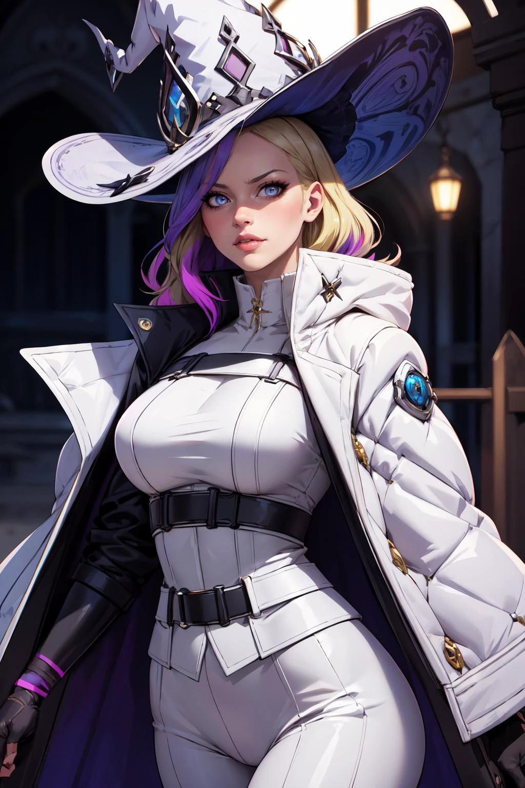 (masterpiece,best quality,edgQuality),1girl,diabellze, blue eyes, (blonde hair, purple hair, multicolored hair), witch hat, white coat, white bodysuit, multiple belts,smug <lora:diabellze-ygo-richy-v1:0.9>