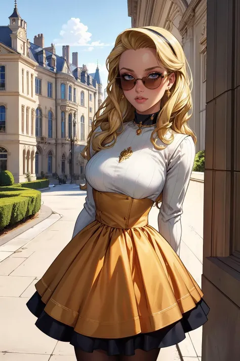 ((Masterpiece, best quality)), ballgown,edgPreppy, a woman in a ([set of edgPreppy clothes,blazer|ballgown,ribbons,frills]::0.5) posing for a picture ,wearing edgPreppy with ballgown, <lora:edgPreppyGown:0.77> Blonde Nadia with sunglasses and a choker <lora:Ultimate_Nadia:0.2> (edgASA1)