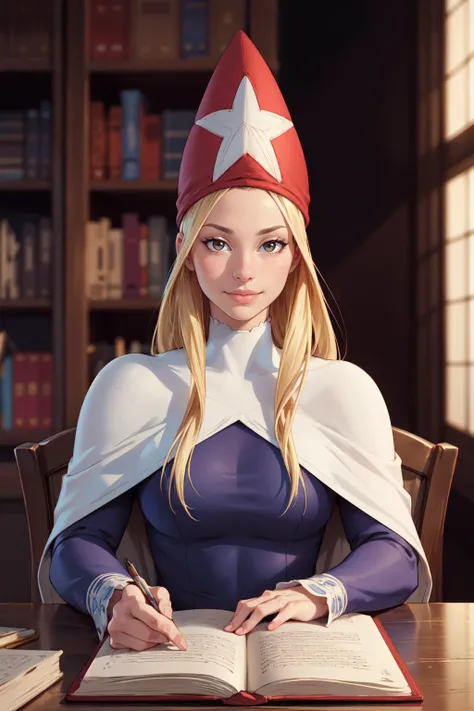 (masterpiece,best quality,edgQuality),sitting at table,library,open book,1girl,TimeMageFFT, blonde hair, long hair, sidelocks, hat,long dress, capelet,slight smile, <lora:FinalFantasy_FemaleTimeMage:0.8>