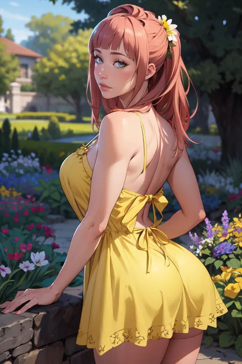 (masterpiece,best quality,edgQuality), edgYSD,outside,garden,dappled sunlight,flowers,1girl,feliciarnd,big booty,looking at viewer,woman wearing a yellow sundress,bangs <lora:felicia-fe-richy-v1:0.9> <lora:edgChamYellowSundress:0.8>