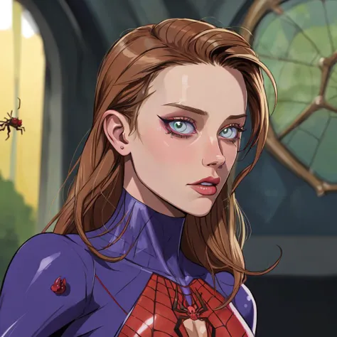 ((masterpiece,best quality,absurdres,beautiful,aesthetic,detailed,cell shading)), No-one18 a woman, woman wearing a spider woman outfit, 1girl, 2D