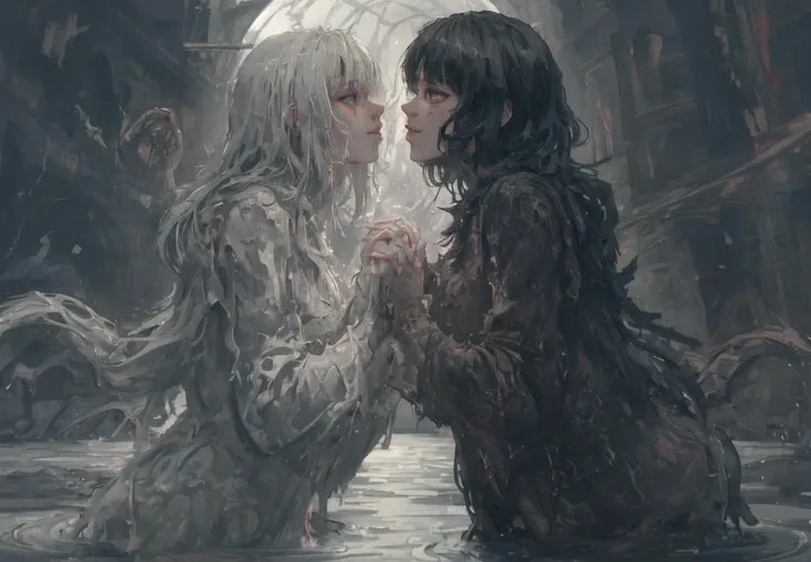 <lora:monsterg:0.55>,  <lora:mostg:0.45>,  <lora:dark  souls4:0.75>, ((1girl)),[ dark soul, detail background, ((mong)), horror \(style\),  warm colors,] goth female,

[Two women are passionately kissing each other in a hot spring. The steam rising from the water surrounds them as they embrace each other tightly. Their hands wander across each other's bodies, exploring every inch of skin. Their lips lock together in a heated embrace as they moan softly into each other's mouths. The water around them ripples and splashes as they move in unison, lost in the moment. Their bodies press against each other as they continue to kiss, oblivious to the world around them. The heat of the water and the intensity of their passion combine to create an unforgettable experience that neither of them will ever forget. ]