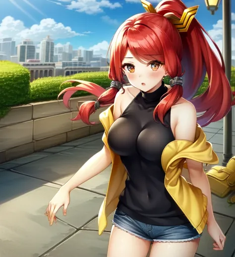 {best quality}, {{masterpiece}}, {highres}, extremely detailed girl, (solo), sharp focus, 1girl, Izayoi (blazblue), orange eyes, red hair, ponytail, long hair, large breasts, shorts, hoodie, jacket, zipper, city, street