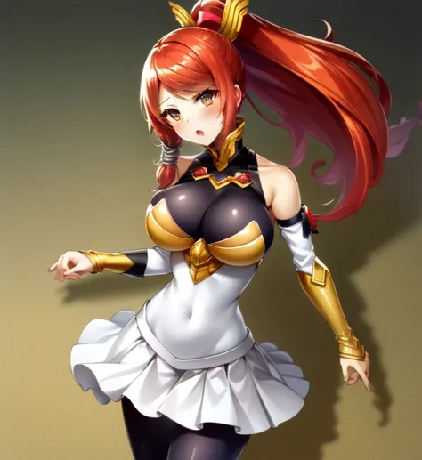{best quality}, {{masterpiece}}, {highres}, extremely detailed girl, solo, sharp focus, 1girl, Izayoi (blazblue), orange eyes, red hair, ponytail, long hair, large breasts, armor, bodysuit, boots, skin tight, skirt, solo, thigh boots, thighhighs, portrait, close-up
