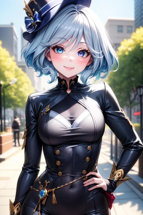 best quality, masterpiece, 1girl, (solo:1.1), raytracing, ultra detailed,detailed face, 8k wallpaper, wide hips, <lora:more_details:0.5>, smile, <lora:FurinaGenshin_NDV:0.7>, Furina_NDV, 1girl, multicolored hair, white-blue hair, medium breasts, short hair, blue eyes, heterochromia, hat, gloves, jacket, shorts, jewerly, bow, smile, outdoor