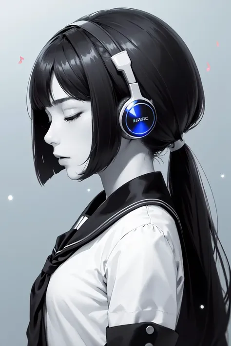 (masterpiece, best quality, ultra detailed), 1girl, solo, from side, closed eyes, humming, school uniform, longtail bob, bob, low ponytail, <lora:longtail_bob-1.0:0.5>, light blue (headphone with musical-note-mark:1.2), dots background, (monochrome, selective color headphone:1.2), light particles, cinematic lighting, depth of field