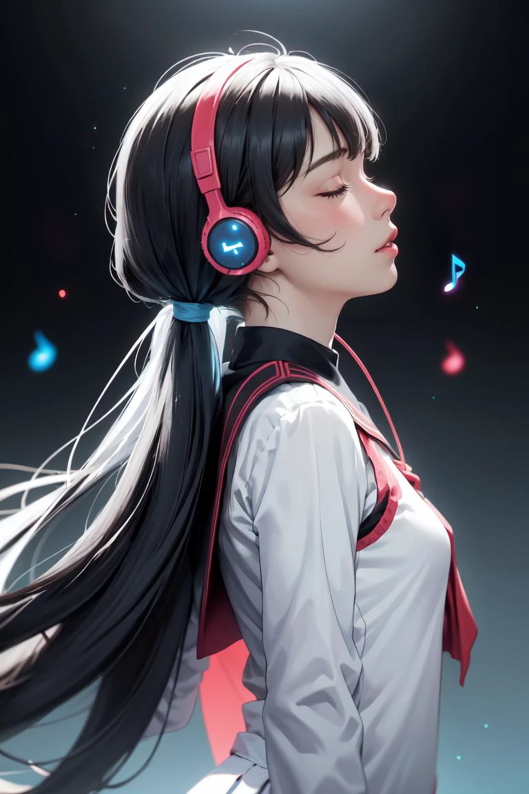 (masterpiece, best quality, ultra detailed), (fractal art, musical-note-mark:1.2), 1girl, solo, dynamic pose, from side, cowboy shot, closed eyes, humming, face up, school uniform, longtail bob, bob, low ponytail, <lora:longtail_bob-1.0:0.7>, light blue (headphone:1.2), dots background, (monochrome, selective color headphone:1.2), light particles, cinematic lighting, depth of field, (light blue and light orange:0.8),