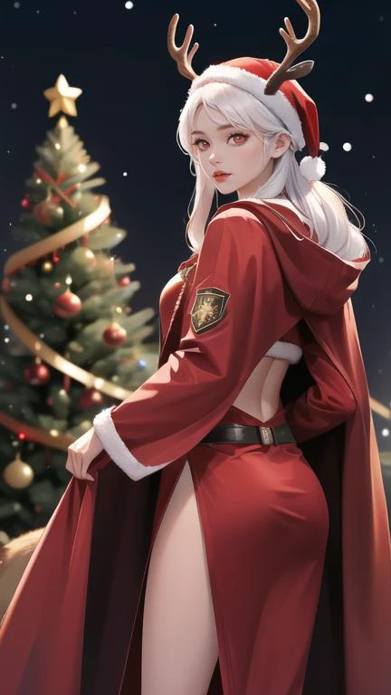 1 girl, (red knight's armor:1.1), stands with her back to the viewer, (white long hair:1.3), headband with deer antlers,( red cloak with the emblem of the New Year's deer:1.2), full-length, facing the viewer, red eyes, on the background of New Year's Eve, Christmas Square, winter, Christmas tree, New Year's Eve,