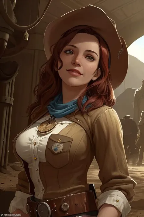 (best quality, masterpiece, perfect face, beautiful and aesthetic:1.2, colorful, dynamic angle, highest detailed face),   looking up, focus on character, solo, upper body, detailed face, (red dead redemption theme:1.1), bandit, bandana, pocket-watch, belt,  sheriff badge, dynamic pose, grinning, 18th century wild west, american frontier, wild west era dark mine shaft interior in background,  sunshine, cinematic atmosphere,  , (official art, extreme detailed, highest detailed)