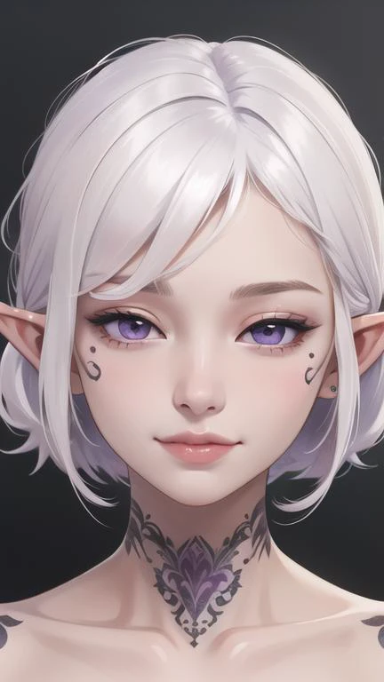 1girl, pale_skin, white_hair, elf_ear, tattoos, portrait, upper body, purple_eyes, half-closed eyes, smirk, face detailed, cute face,