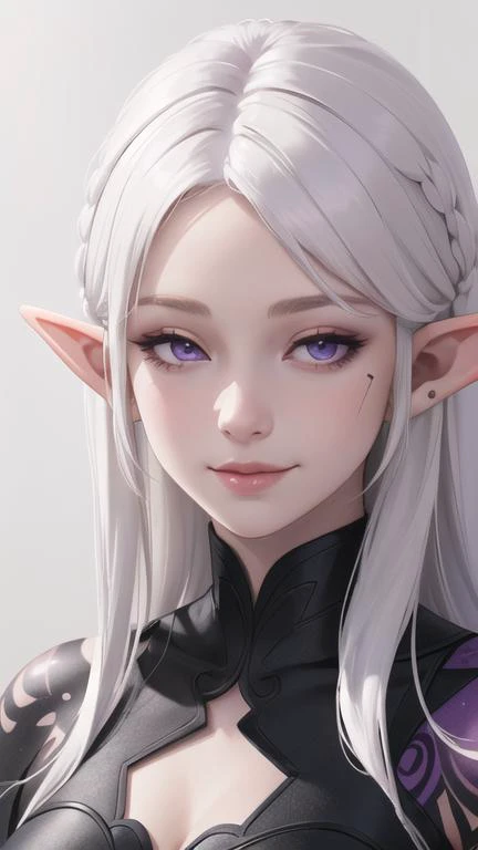 1girl, pale_skin, white_hair, elf ears, tattoos, portrait, upper body, purple_eyes, half-closed eyes, smirk, face detailed, cute face,