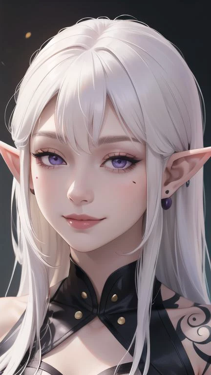 1girl, pale_skin, white_hair, elf_ear, tattoos, portrait, upper body, purple_eyes, half-closed eyes, smirk, face detailed, cute face,