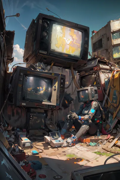 (masterpiece, best quality, ultra detailed), landscape, scifi, future, cyberpunk, desolation, retro, outdoors, 1girl, solo, sitting, overlooking, outdoors, illegal dumping, (piled up CRT-TV, lots of CRT television:1.2), monitor head, <lora:monitor-head:0.9>,