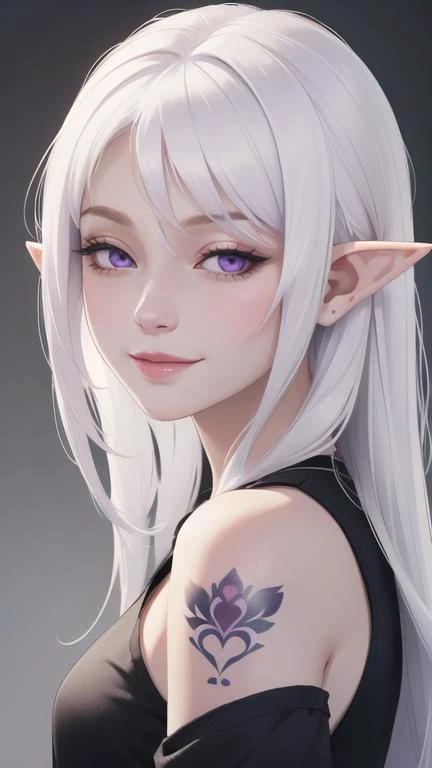 1girl, pale_skin, white_hair, elf ears, tattoos, portrait, upper body, purple_eyes, half-closed eyes, smirk,  face detailed, cute face,