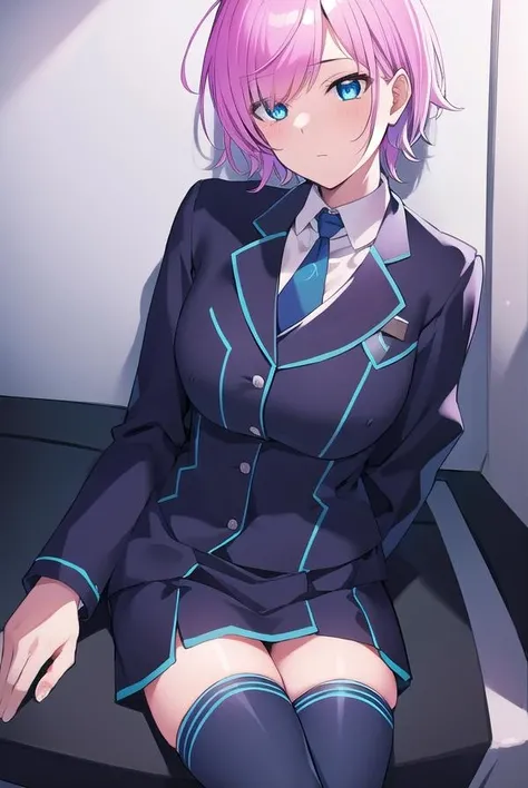 ririyuuhi, <lora:ririyuuhitest:1>, 
riri yuuhi, aqua eyes, pink hair, short hair, hair pin,
BREAK blue footwear, blue jacket, buttons, jacket, long sleeves, miniskirt, necktie, school uniform, skirt, thighhighs, zettai ryouiki,
BREAK looking at viewer,
BREAK indoors,
BREAK <lora:GoodHands-vanilla:1>, (masterpiece:1.2), best quality, high resolution, unity 8k wallpaper, (illustration:0.8), (beautiful detailed eyes:1.6), extremely detailed face, perfect lighting, extremely detailed CG, (perfect hands, perfect anatomy),