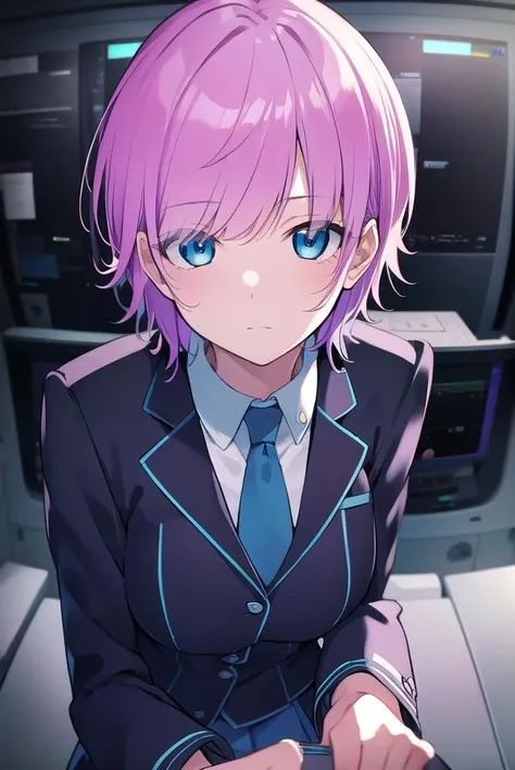 ririyuuhi, <lora:ririyuuhitest:1>,
riri yuuhi, aqua eyes, pink hair, short hair, hair pin,
BREAK blue footwear, blue jacket, buttons, jacket, long sleeves, miniskirt, necktie, school uniform, skirt, thighhighs, zettai ryouiki,
BREAK looking at viewer,
BREAK indoors,
BREAK <lora:GoodHands-vanilla:1>, (masterpiece:1.2), best quality, high resolution, unity 8k wallpaper, (illustration:0.8), (beautiful detailed eyes:1.6), extremely detailed face, perfect lighting, extremely detailed CG, (perfect hands, perfect anatomy),