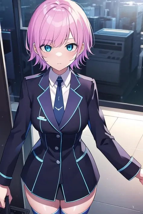 ririyuuhi, <lora:ririyuuhitest:1>, 
riri yuuhi, aqua eyes, pink hair, short hair, hair pin,
BREAK blue footwear, blue jacket, buttons, jacket, long sleeves, miniskirt, necktie, school uniform, skirt, thighhighs, zettai ryouiki,
BREAK looking at viewer,
BREAK indoors,
BREAK <lora:GoodHands-vanilla:1>, (masterpiece:1.2), best quality, high resolution, unity 8k wallpaper, (illustration:0.8), (beautiful detailed eyes:1.6), extremely detailed face, perfect lighting, extremely detailed CG, (perfect hands, perfect anatomy),