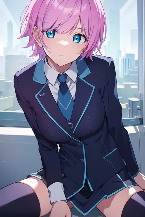 ririyuuhi, <lora:ririyuuhitest:1>,
riri yuuhi, aqua eyes, pink hair, short hair, hair pin,
BREAK blue footwear, blue jacket, buttons, jacket, long sleeves, miniskirt, necktie, school uniform, skirt, thighhighs, zettai ryouiki,
BREAK looking at viewer,
BREAK indoors,
BREAK <lora:GoodHands-vanilla:1>, (masterpiece:1.2), best quality, high resolution, unity 8k wallpaper, (illustration:0.8), (beautiful detailed eyes:1.6), extremely detailed face, perfect lighting, extremely detailed CG, (perfect hands, perfect anatomy),