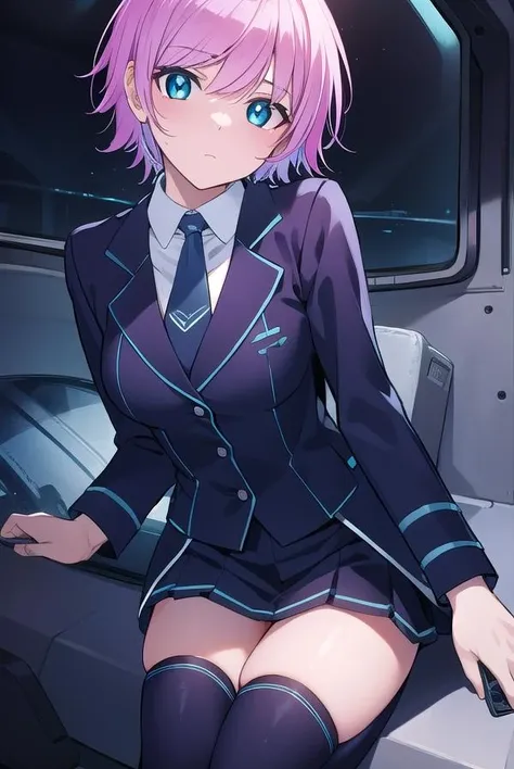 ririyuuhi, <lora:ririyuuhitest:1>, 
riri yuuhi, aqua eyes, pink hair, short hair, hair pin,
BREAK blue footwear, blue jacket, buttons, jacket, long sleeves, miniskirt, necktie, school uniform, skirt, thighhighs, zettai ryouiki,
BREAK looking at viewer,
BREAK indoors,
BREAK <lora:GoodHands-vanilla:1>, (masterpiece:1.2), best quality, high resolution, unity 8k wallpaper, (illustration:0.8), (beautiful detailed eyes:1.6), extremely detailed face, perfect lighting, extremely detailed CG, (perfect hands, perfect anatomy),