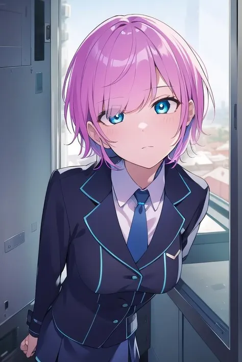 ririyuuhi, <lora:ririyuuhitest:1>, 
riri yuuhi, aqua eyes, pink hair, short hair, hair pin,
BREAK blue footwear, blue jacket, buttons, jacket, long sleeves, miniskirt, necktie, school uniform, skirt, thighhighs, zettai ryouiki,
BREAK looking at viewer,
BREAK indoors,
BREAK <lora:GoodHands-vanilla:1>, (masterpiece:1.2), best quality, high resolution, unity 8k wallpaper, (illustration:0.8), (beautiful detailed eyes:1.6), extremely detailed face, perfect lighting, extremely detailed CG, (perfect hands, perfect anatomy),