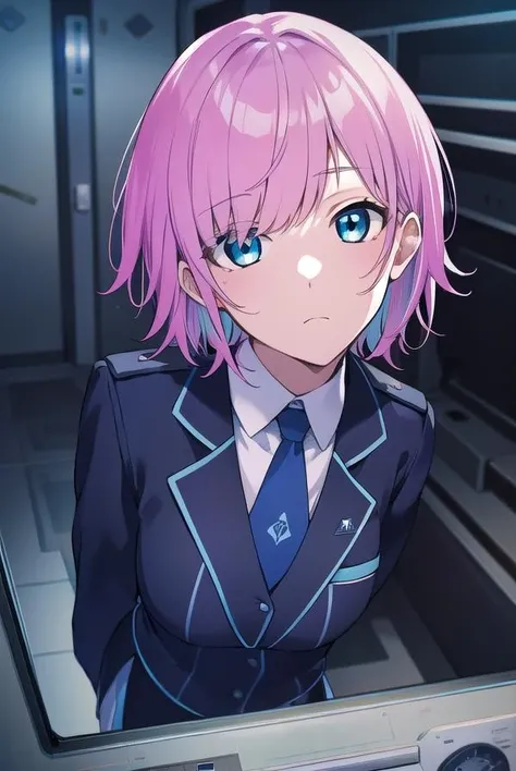 ririyuuhi, <lora:ririyuuhitest:1>,
riri yuuhi, aqua eyes, pink hair, short hair, hair pin,
BREAK blue footwear, blue jacket, buttons, jacket, long sleeves, miniskirt, necktie, school uniform, skirt, thighhighs, zettai ryouiki,
BREAK looking at viewer,
BREAK indoors,
BREAK <lora:GoodHands-vanilla:1>, (masterpiece:1.2), best quality, high resolution, unity 8k wallpaper, (illustration:0.8), (beautiful detailed eyes:1.6), extremely detailed face, perfect lighting, extremely detailed CG, (perfect hands, perfect anatomy),