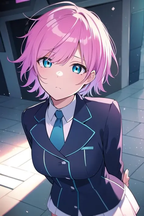 ririyuuhi, <lora:ririyuuhitest:1>,
riri yuuhi, aqua eyes, pink hair, short hair, hair pin,
BREAK blue footwear, blue jacket, buttons, jacket, long sleeves, miniskirt, necktie, school uniform, skirt, thighhighs, zettai ryouiki,
BREAK looking at viewer,
BREAK indoors,
BREAK <lora:GoodHands-vanilla:1>, (masterpiece:1.2), best quality, high resolution, unity 8k wallpaper, (illustration:0.8), (beautiful detailed eyes:1.6), extremely detailed face, perfect lighting, extremely detailed CG, (perfect hands, perfect anatomy),