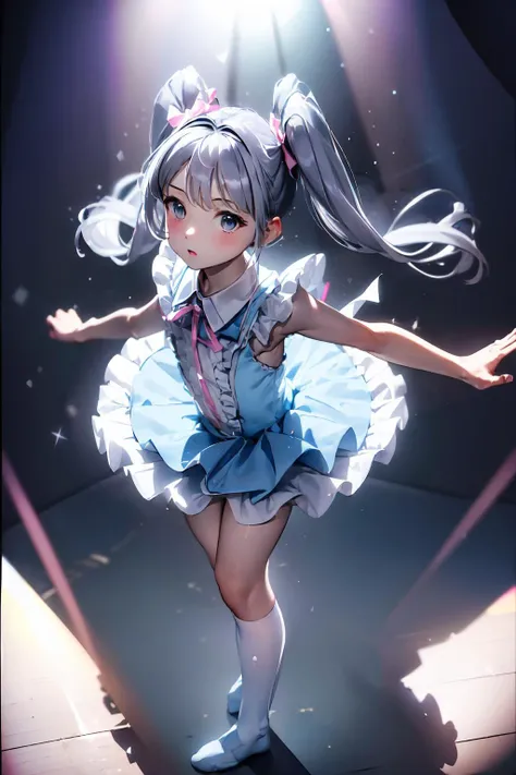 (masterpiece, high quality:1.2),tutu, (BLUE tutu), <lora:tutu_v1:1>,child, white ruffle tie, big pink ribbon clip, mic on right, child,
hoshino ruri, twintails, gray hair, white knee high socks, from above, 
on stage, dramatic backlight, stage lights, <lora:hoshino_ruri:0.3>,