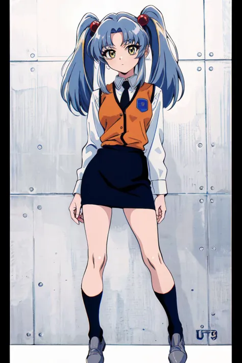 (best quality, masterpiece, RAW photo,ultra-detailed:1.2), <lyco:GoodHands-beta2:1.0>,1girl,solo,looking at viewer,
hoshino ruri, long grey blue hair, twintails, red hair bobbles, collared white shirt, black necktie, orange vest, pencil skirt, black socks, grey shoes,gold eyes,
<lyco:hoshino_ruri_v4:0.6>retro artstyle, 1990s (style)