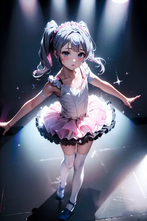 (masterpiece, high quality:1.2),tutu, (BLUE tutu), <lora:tutu_v1:1>,child, big pink ribbon clip, mic on right, child,
hoshino ruri, twintails, gray hair, white knee high socks, from above, 
on stage, dramatic backlight, stage lights, <lora:hoshino_ruri:0.3>,