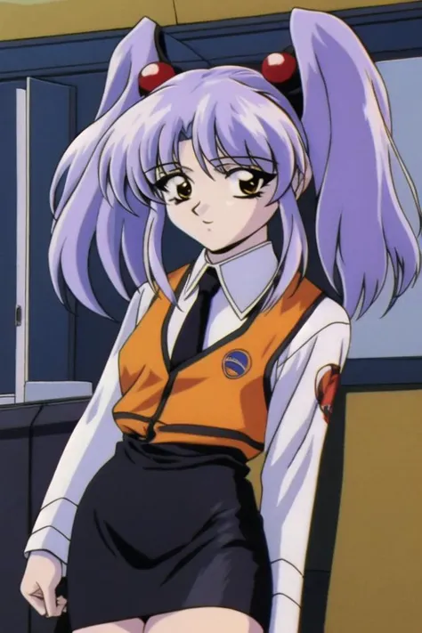 masterpiece, best quality, ultra-detailed, indoors, <lyco:hoshino_ruri_v4:0.7>,hoshino ruri, 1girl, solo, long hair, twintails, hair bobbles, collared shirt, black necktie, orange vest, pencil skirt, smartphone, retro artstyle, 1990s (style)