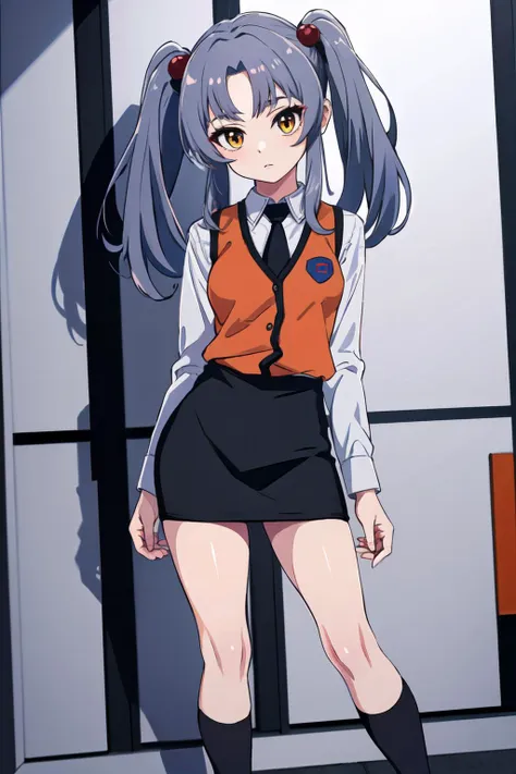 (best quality, masterpiece, RAW photo,ultra-detailed:1.2), <lyco:GoodHands-beta2:1.0>,1girl,solo,looking at viewer,
hoshino ruri, long hair, twintails, hair bobbles, collared shirt, black necktie, orange vest, pencil skirt, black socks, grey shoes
 <lyco:hoshino_ruri_v4:0.55>