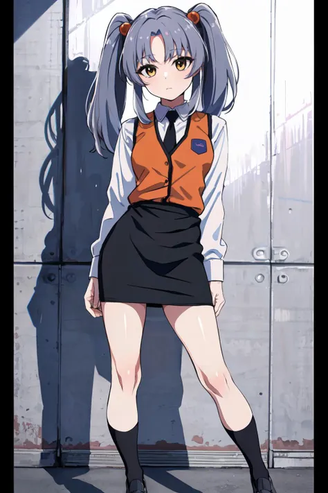 (best quality, masterpiece, RAW photo,ultra-detailed:1.2), <lyco:GoodHands-beta2:1.0>,1girl,solo,looking at viewer,
hoshino ruri, long hair, twintails, hair bobbles, collared shirt, black necktie, orange vest, pencil skirt, black socks, grey shoes
 <lyco:hoshino_ruri_v4:0.5>