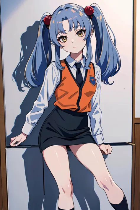 (best quality, masterpiece, RAW photo,ultra-detailed:1.2), <lyco:GoodHands-beta2:1.0>,1girl,solo,looking at viewer,
hoshino ruri, long grey blue hair, twintails, red hair bobbles, collared white shirt, black necktie, orange vest, pencil skirt, black socks, grey shoes,gold eyes,
 <lyco:hoshino_ruri_v4:0.5>