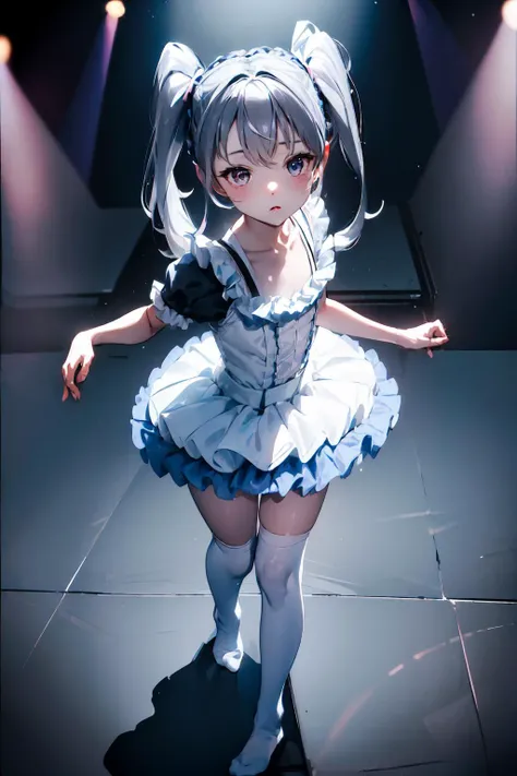 (masterpiece, high quality:1.2),tutu, (BLUE tutu), <lora:tutu_v1:1>,child, white ruffle tie, big pink ribbon clip, mic on right, child,
hoshino ruri, twintails, gray hair, white knee high socks, from above, 
on stage, dramatic backlight, stage lights, <lora:hoshino_ruri:0.3>,