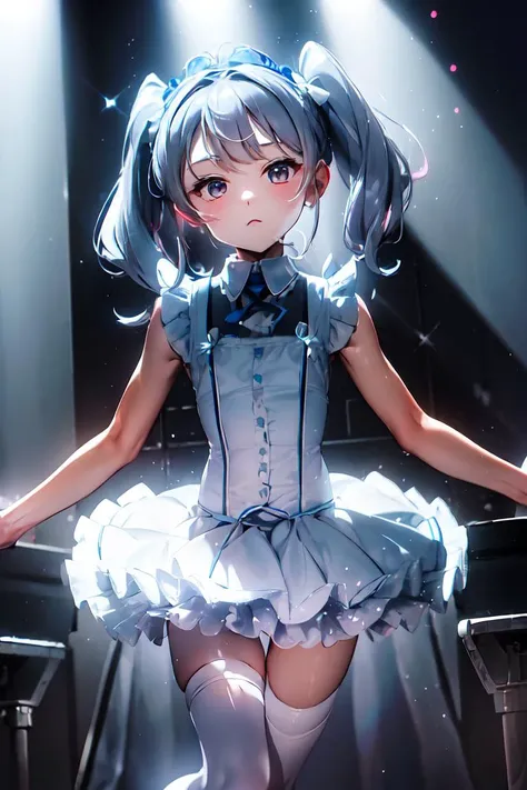 (masterpiece, high quality:1.2),tutu, (BLUE tutu), <lora:tutu_v1:1>,child, white ruffle tie, big pink ribbon clip, mic on right, child,
hoshino ruri, twintails, gray hair, white knee high socks,
on stage, dramatic backlight, stage lights, <lora:hoshino_ruri:0.3>, (masterpiece, best quality),