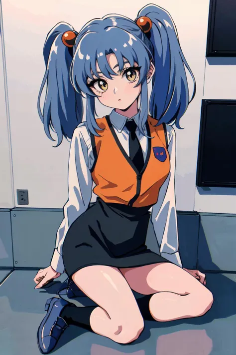 (best quality, masterpiece, RAW photo,ultra-detailed:1.2), <lyco:GoodHands-beta2:1.0>,1girl,solo,looking at viewer,
hoshino ruri, long grey blue hair, twintails, red hair bobbles, collared white shirt, black necktie, orange vest, pencil skirt, black socks, grey shoes,gold eyes,
 <lyco:hoshino_ruri_v4:0.55>retro artstyle, 1990s (style)