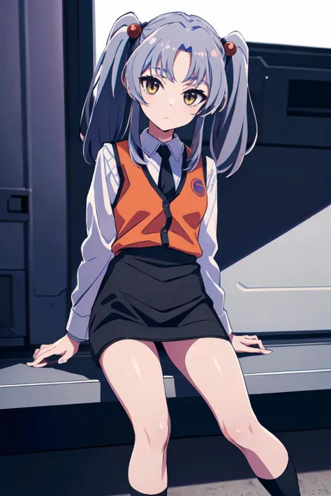 (best quality, masterpiece, RAW photo,ultra-detailed:1.2), <lyco:GoodHands-beta2:1.0>,1girl,solo,looking at viewer,
hoshino ruri, long hair, twintails, hair bobbles, collared shirt, black necktie, orange vest, pencil skirt, black socks, grey shoes
 <lyco:hoshino_ruri_v4:0.65>