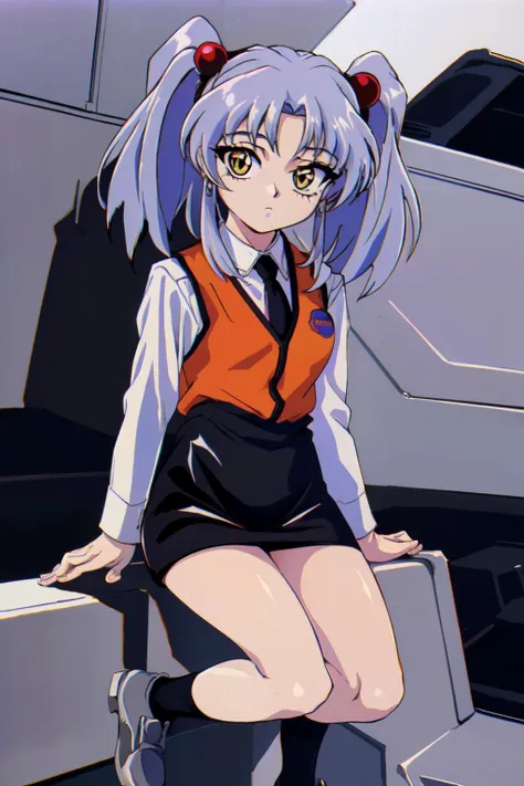(best quality, masterpiece, RAW photo,ultra-detailed:1.2), <lyco:GoodHands-beta2:1.0>,1girl,solo,looking at viewer,
hoshino ruri, long hair, twintails, hair bobbles, collared shirt, black necktie, orange vest, pencil skirt, black socks, grey shoes,gold eyes,
 <lyco:hoshino_ruri_v4:0.8>retro artstyle, 1990s (style)"