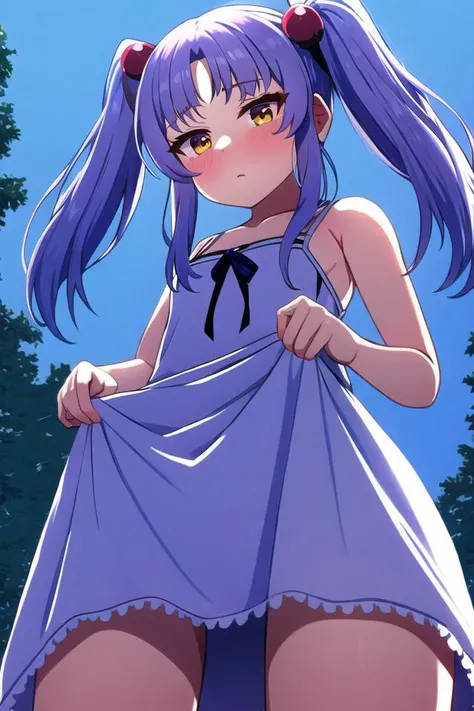 masterpiece, best quality, ultra-detailed, <lyco:hoshino_ruri_v4:0.7>, hoshino ruri, 1girl, solo, blush, looking at viewer, hair bobbles, long hair, twintails, from below, lifted by self, dress lift, sundress,