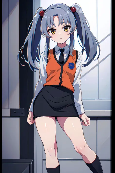 (best quality, masterpiece, RAW photo,ultra-detailed:1.2), <lyco:GoodHands-beta2:1.0>,1girl,solo,looking at viewer,
hoshino ruri, long hair, twintails, hair bobbles, collared shirt, black necktie, orange vest, pencil skirt, black socks, grey shoes
 <lyco:hoshino_ruri_v4:0.6>