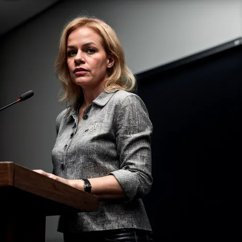 Nancy_Faeser_512, a 50 years old woman, brown eyes, ((looks to cam)), blond hair, (detailed hair:1.4), ((full Body)), wears a AK47, (((Stands at podium in a conference room))) shouting,angry, hyper detailed, soft lighting, strong backlight, beautiful lighting, hyperreal, front shot, ((random photorealistic full pose :1.3)), (day scene:1.2) 4k, cinematic, widescreen, zoom out, intricate detail, finely detailed, hyper detailed, insane details, centered, epic composition, smooth, extremely realistic, cinematic, attractive beautiful, hyperrealistic, RAW photo, subject, 8k uhd, dslr, soft lighting, high quality, film grain, Fujifilm XT3 <lora:add_detail:1.5>