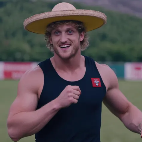 <lora:2023-08-22-LoganPaul Person - 1500 - 12img:1> loganpaul person is wearing a sombrero de charro holding golf, screenshot from The Grand Budapest Hotel (2005)